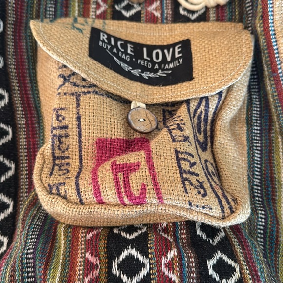 Rice Love Recycled Burlap Multicolor Boho Print Rice Bag Travel Backpack - Picture 9 of 15